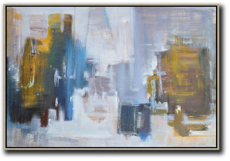 Original Painting Hand Made Large Abstract Art,Horizontal Abstract Landscape Oil Painting On Canvas,Modern Abstract Wall Art White,Blue,Earthy Yellow,Grey